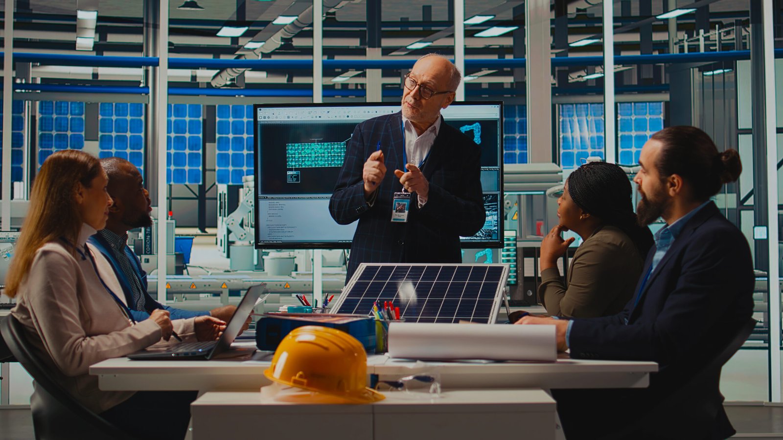 Empresario y trabajadores de industria de Energía y Agricultura